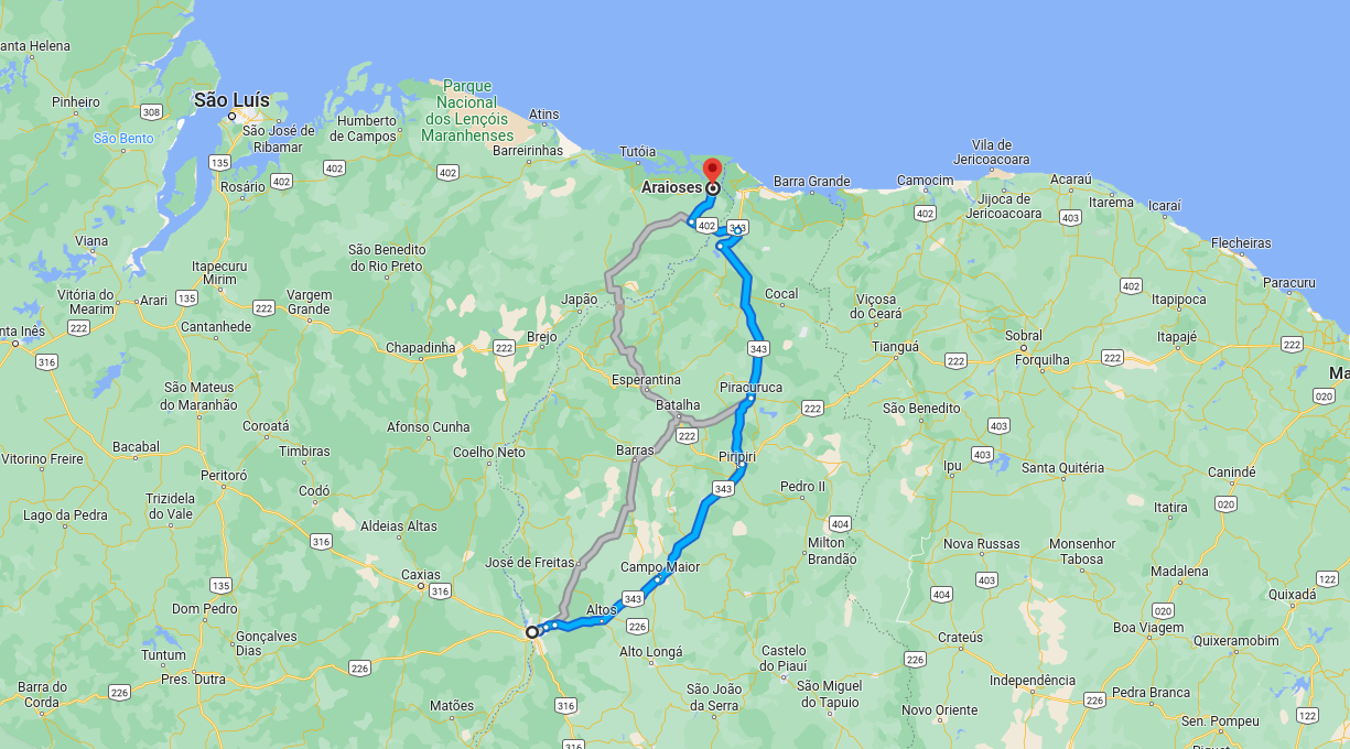 Distância de Teresina-PI a Araioses-MA - Rota das Emoções