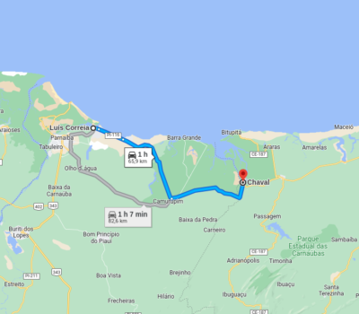 A distância de Luís Correia-PI a Chaval-CE é 65,9 km.