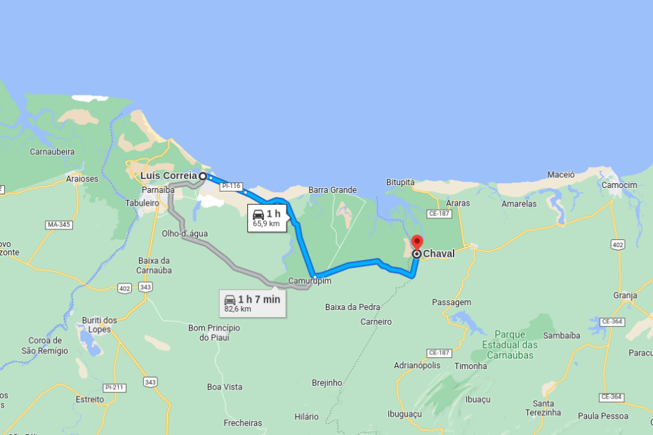 A distância de Luís Correia-PI a Chaval-CE é 65,9 km.
